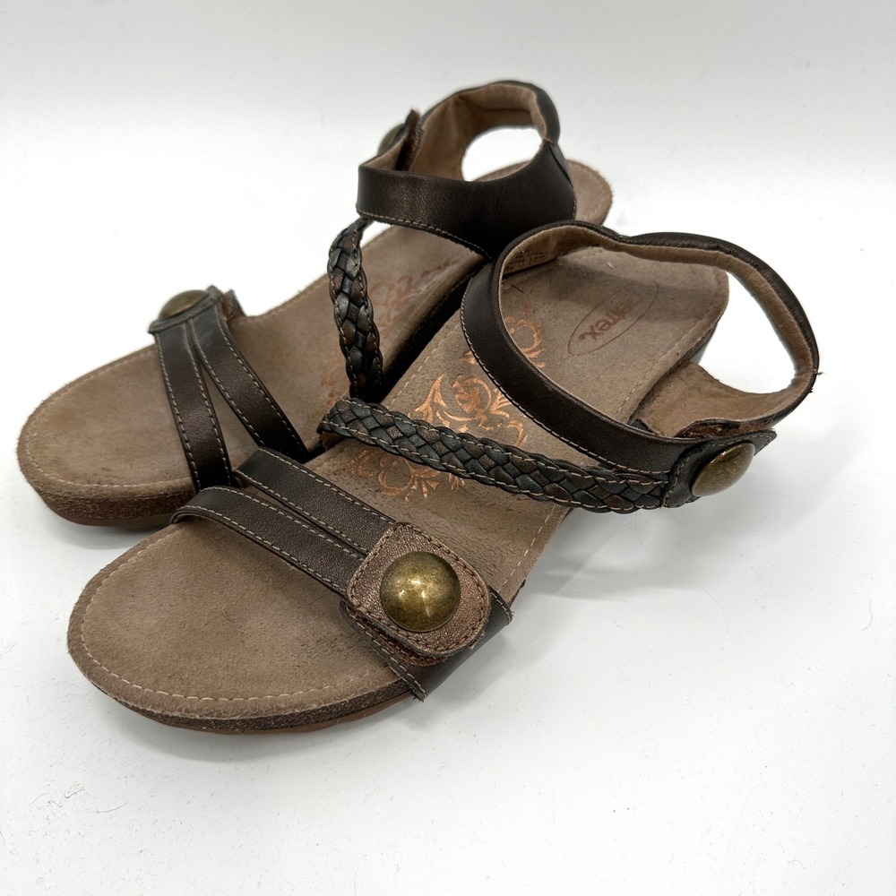 Aetrex Jillian Bronze Leather Wedge Sandals Women 7.5-8 Orthotic Braided‎ Straps